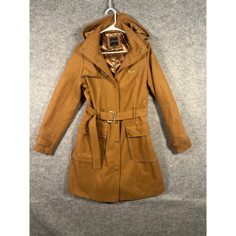 COOGI Women's Hooded Belted Wool Blend‎ Coat, Brown, Size Small, Cute Detail